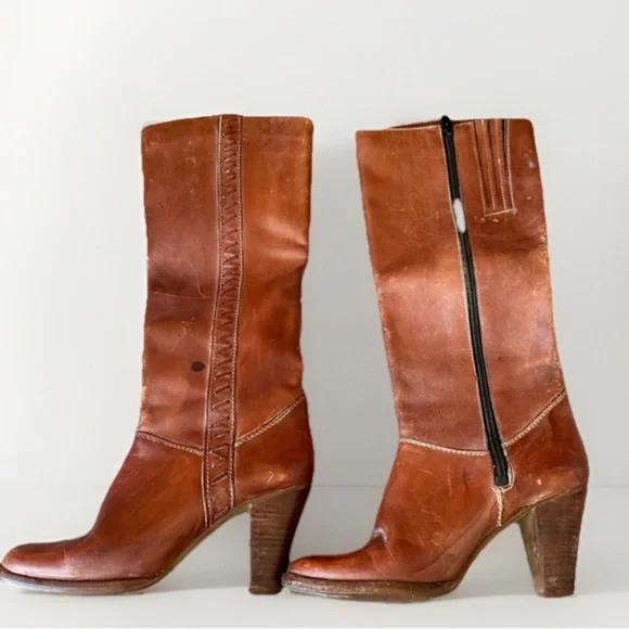 1970s Vintage Cognac Leather Tall Boots Stacked Heel Zip Size 7B - Picture 1 of 11